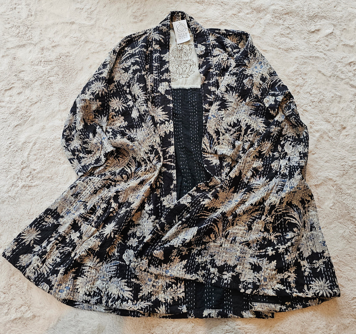 "Long cotton handsewn Kantha coat with stunning floral prints, unique small batch design, fits sizes 12-20."