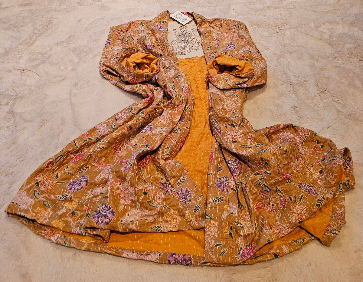 "Long cotton handsewn Kantha coat with stunning floral prints, unique small batch design, fits sizes 12-20."