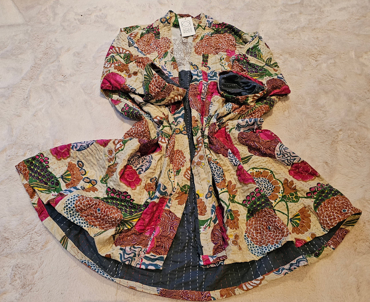 "Long cotton handsewn Kantha coat with stunning floral prints, unique small batch design, fits sizes 12-20."