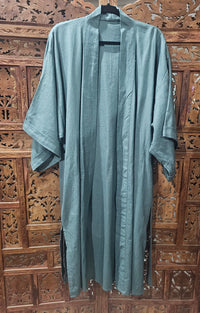 "Long Sleeve Linen Belted Kimono with pockets, crafted from 100% breathable linen, fitting sizes 10-16, available in various sophisticated colors."