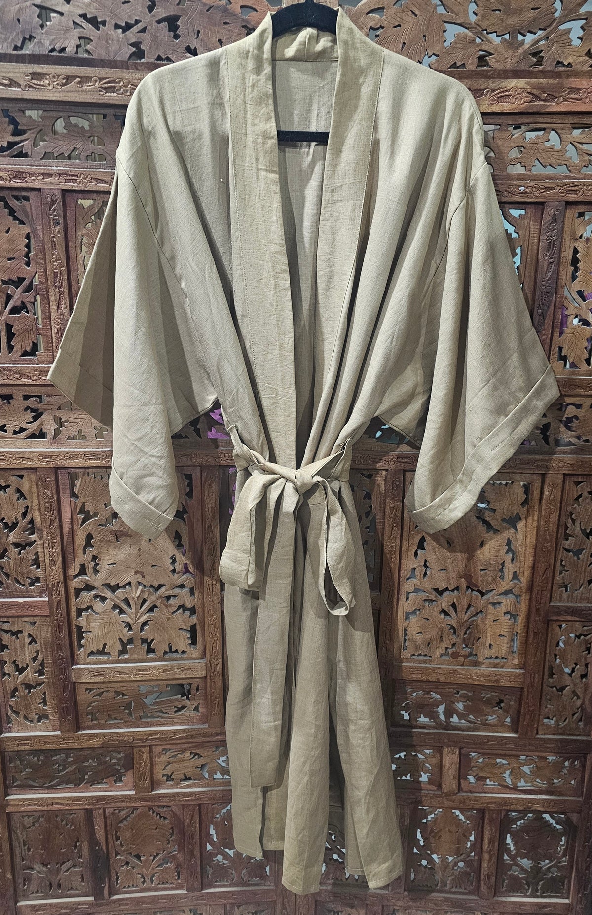 "Long Sleeve Linen Belted Kimono with pockets, crafted from 100% breathable linen, fitting sizes 10-16, available in various sophisticated colors."