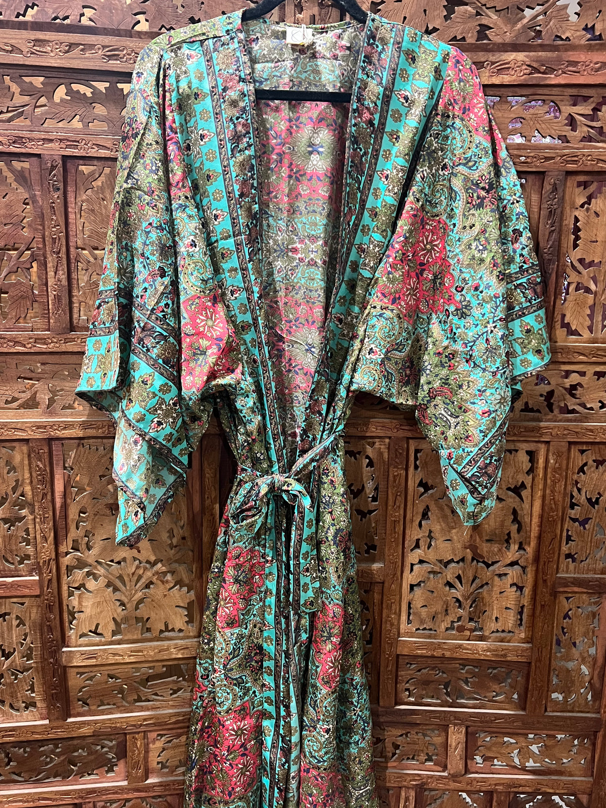 Printed Silk Rayon Kimono from Open Hearts Mend, versatile design for sizes 8-18, can be worn belted or unbelted.