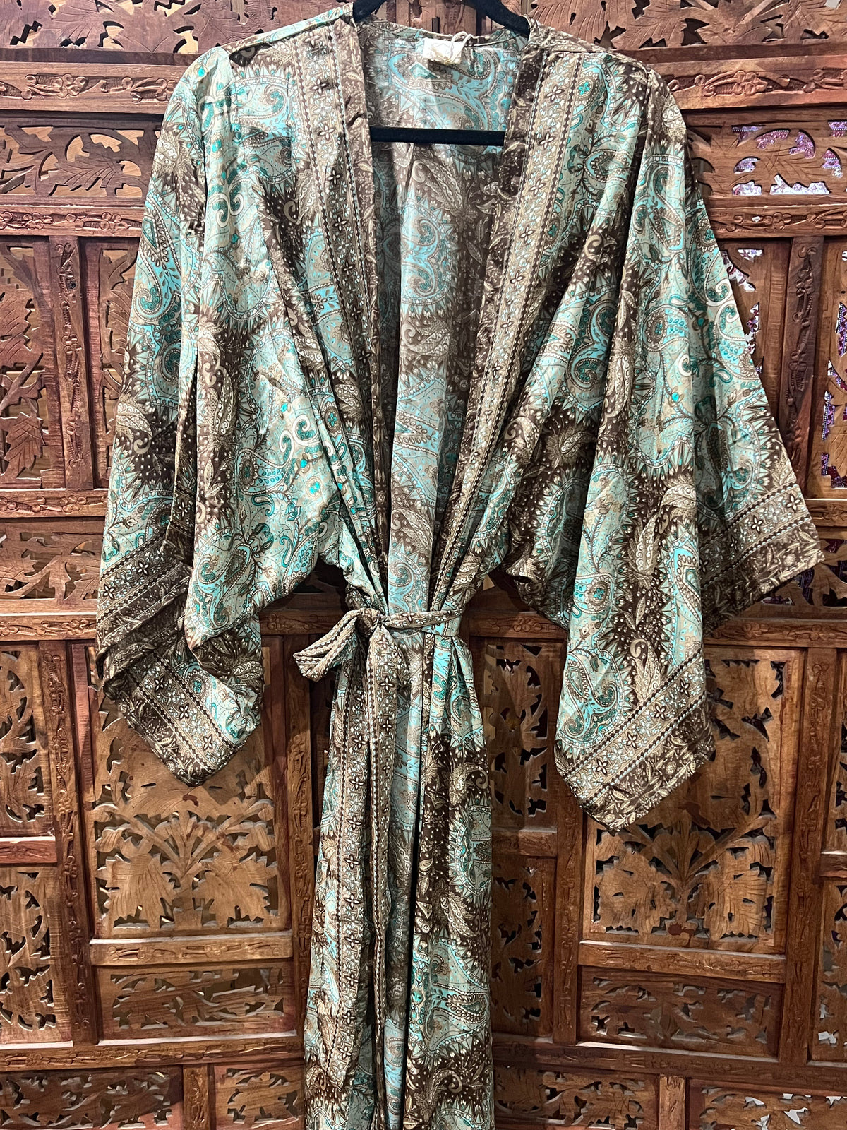 Printed Silk Rayon Kimono from Open Hearts Mend, versatile design for sizes 8-18, can be worn belted or unbelted.