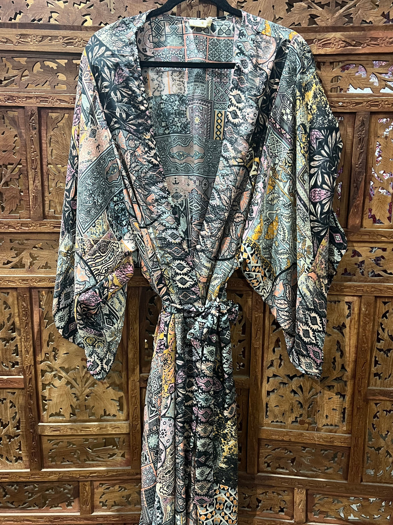 Printed Silk Rayon Kimono from Open Hearts Mend, versatile design for sizes 8-18, can be worn belted or unbelted.