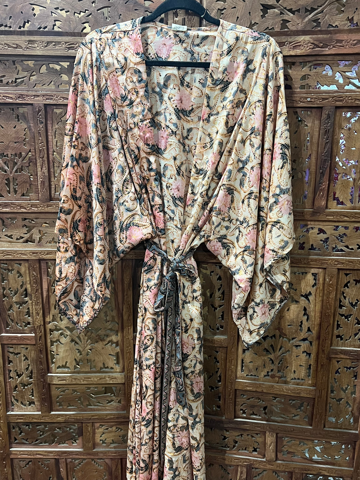 Printed Silk Rayon Kimono from Open Hearts Mend, versatile design for sizes 8-18, can be worn belted or unbelted.