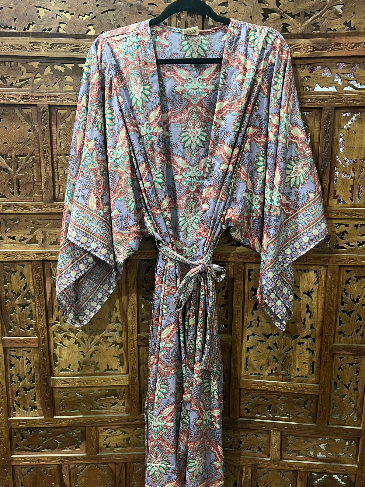 Printed Silk Rayon Kimono from Open Hearts Mend, versatile design for sizes 8-18, can be worn belted or unbelted.