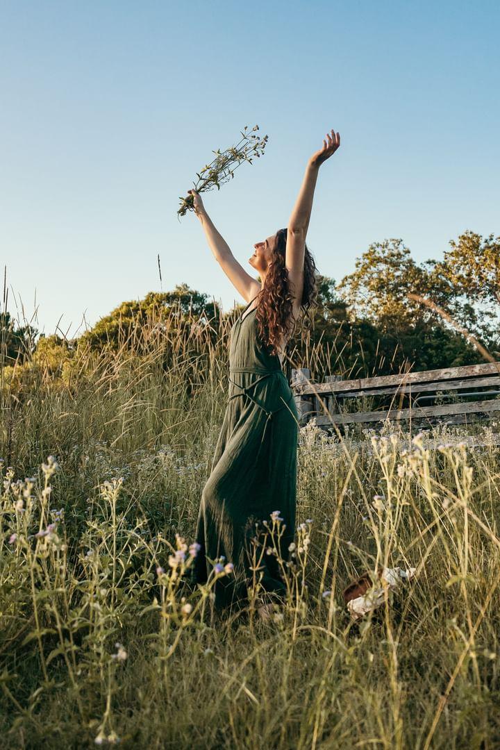 "Saraswati Dress – Greek-inspired cotton halter dress with a low back, hand-dyed, adjustable fit for sizes 8-14, limited edition."