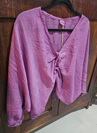 Sheer Hand-Dyed Indian Cotton Drawstring Top from Open Hearts Mend, fitting sizes 8 to 14. Unique color variations in each piece.