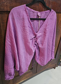 Sheer hand-dyed Indian cotton drawstring top with an adjustable fit, lightweight feel, and unique color variations, designed for effortless style and comfort.