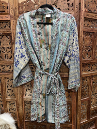 "Silk Kantha kimono with silk belt, fits sizes 8-14, handmade in India, perfect for special occasions or casual mornings."