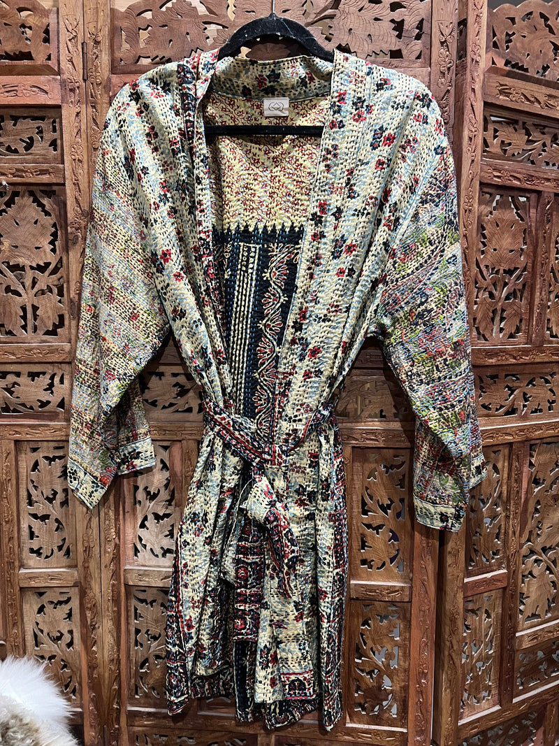 "Silk Kantha kimono with silk belt, fits sizes 8-14, handmade in India, perfect for special occasions or casual mornings."