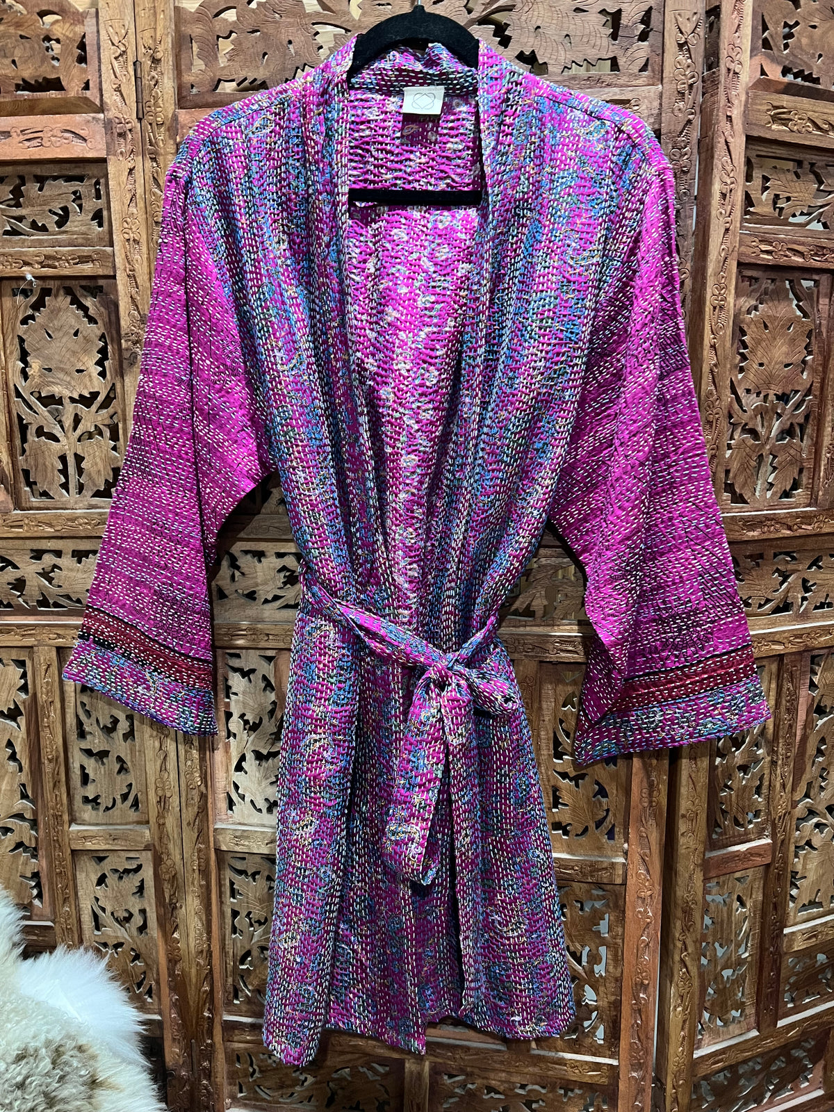 "Silk Kantha kimono with silk belt, fits sizes 8-14, handmade in India, perfect for special occasions or casual mornings."