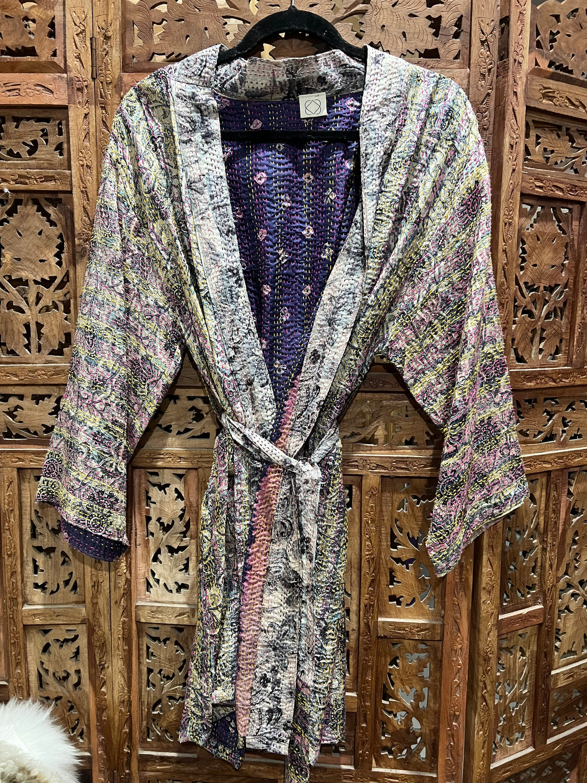 "Silk Kantha kimono with silk belt, fits sizes 8-14, handmade in India, perfect for special occasions or casual mornings."