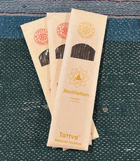 "Tattva Incense from Rishikesh, hand-rolled with non-toxic natural herbs and oils, crafted by founder Prem Narayan for a serene, authentic aroma."