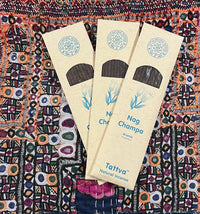 "Tattva Incense from Rishikesh, hand-rolled with non-toxic natural herbs and oils, crafted by founder Prem Narayan for a serene, authentic aroma."