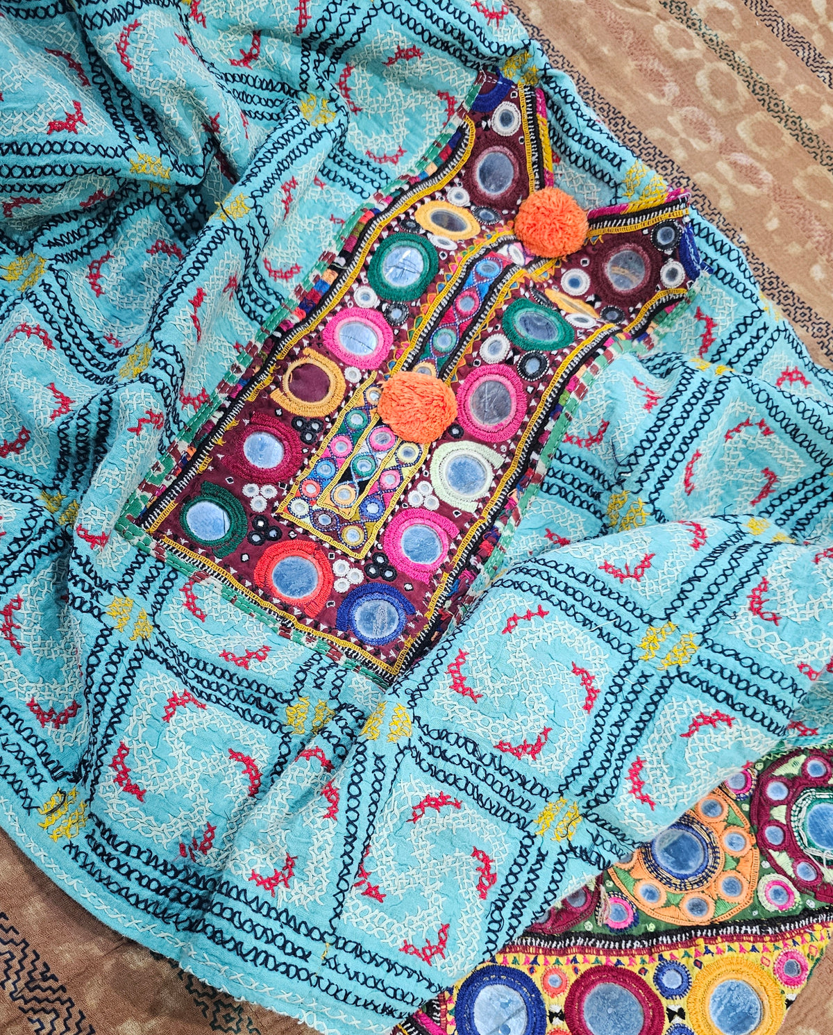 Cotton Kantha Fabric Bomber Jacket from Open Hearts Mend, designed to fit sizes 8 to 12. Each jacket is a unique expression of recycled fashion."