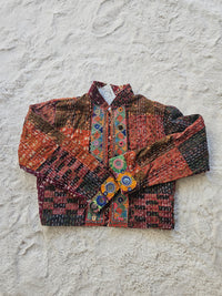 Cotton Kantha Fabric Bomber Jacket from Open Hearts Mend, designed to fit sizes 8 to 12. Each jacket is a unique expression of recycled fashion."