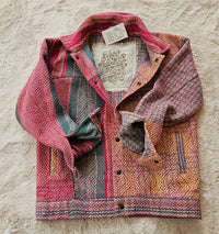 Alex Jacket, a unisex oversized fit crafted from thick cotton Kantha textile, inspired by 80's Wrangler Denim Jackets."