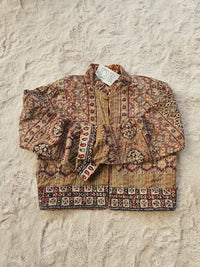 Cotton Kantha Fabric Bomber Jacket from Open Hearts Mend, designed to fit sizes 8 to 12. Each jacket is a unique expression of recycled fashion."