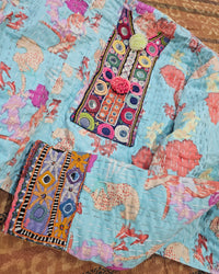 Cotton Kantha Fabric Bomber Jacket from Open Hearts Mend, designed to fit sizes 8 to 12. Each jacket is a unique expression of recycled fashion."