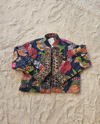 Cotton Kantha Fabric Bomber Jacket from Open Hearts Mend, designed to fit sizes 8 to 12. Each jacket is a unique expression of recycled fashion."