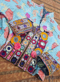 Cotton Kantha Fabric Bomber Jacket from Open Hearts Mend, designed to fit sizes 8 to 12. Each jacket is a unique expression of recycled fashion."