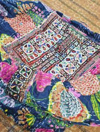 Cotton Kantha Fabric Bomber Jacket from Open Hearts Mend, designed to fit sizes 8 to 12. Each jacket is a unique expression of recycled fashion."