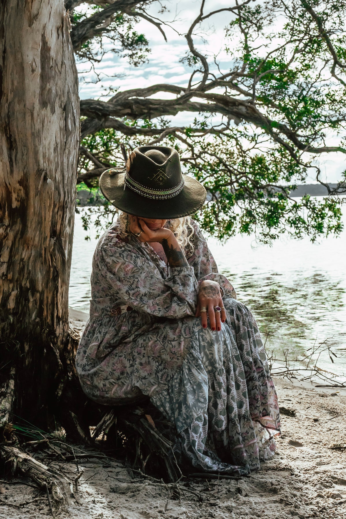 "Cotton Block Print Long Sleeve Maxi Dress – Floor-length dress with block print design, sizes 8-12 and 12-16, crafted from breathable cotton."