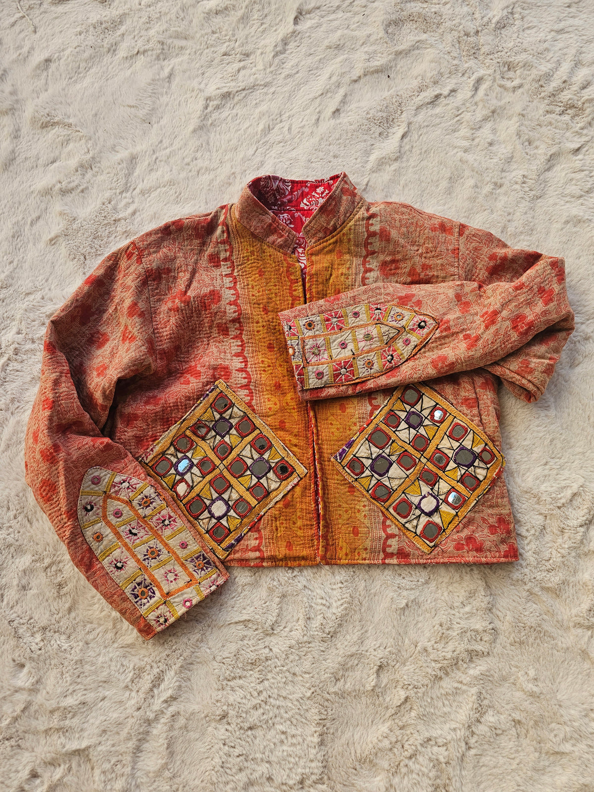 Cotton Kantha Fabric Bomber Jacket from Open Hearts Mend, designed to fit sizes 8 to 12. Each jacket is a unique expression of recycled fashion."