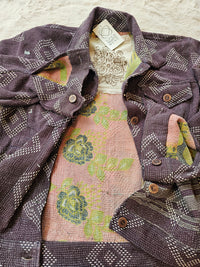 Alex Jacket, a unisex oversized fit crafted from thick cotton Kantha textile, inspired by 80's Wrangler Denim Jackets."