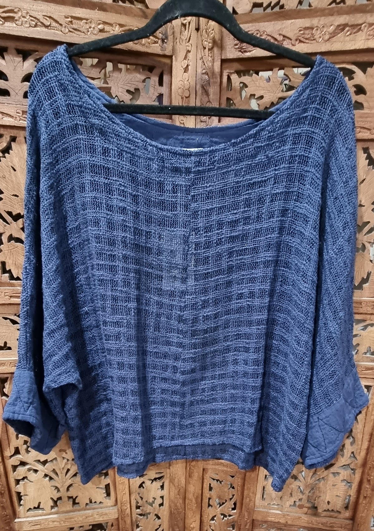 'Desert Dream' top from Open Hearts Mend, crafted from loose-woven hand-dyed cotton with zigzag sleeve finishing, fitting sizes 8 to 14.