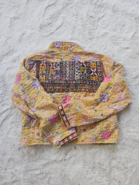 Cotton Kantha Fabric Bomber Jacket from Open Hearts Mend, designed to fit sizes 8 to 12. Each jacket is a unique expression of recycled fashion."