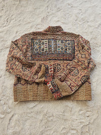 Cotton Kantha Fabric Bomber Jacket from Open Hearts Mend, designed to fit sizes 8 to 12. Each jacket is a unique expression of recycled fashion."