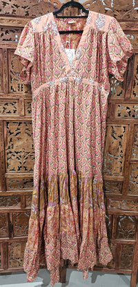 "Cotton block print cap sleeve maxi dress with floor-length design, available in S/M and M/L for versatile elegance."