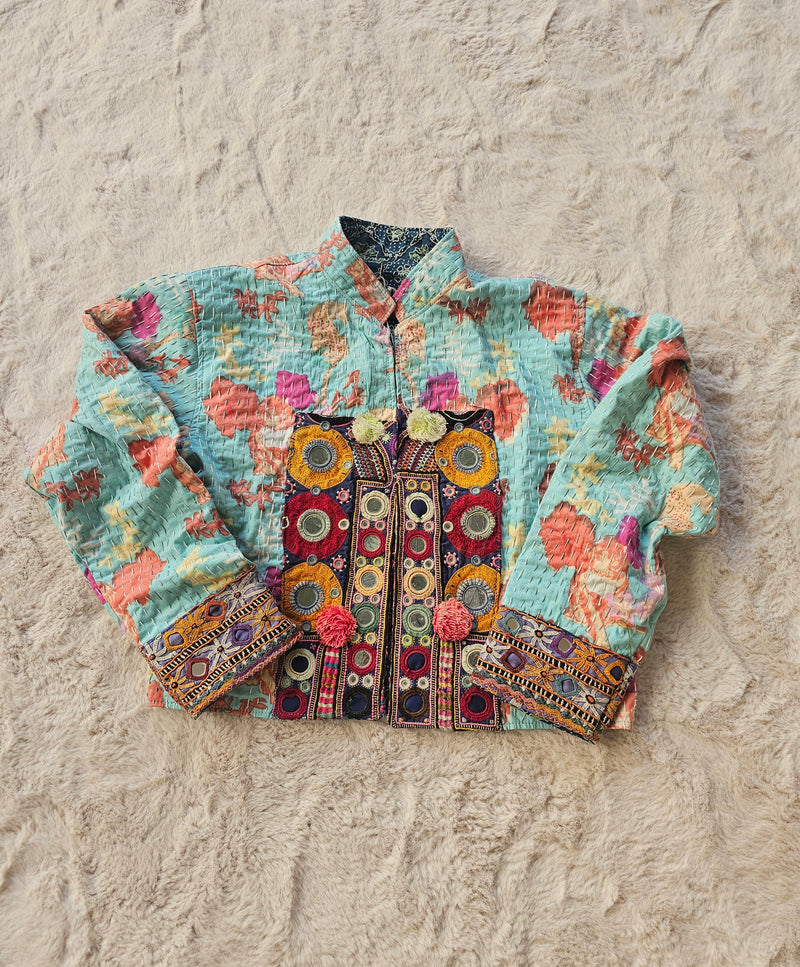 Cotton Kantha Fabric Bomber Jacket from Open Hearts Mend, designed to fit sizes 8 to 12. Each jacket is a unique expression of recycled fashion."