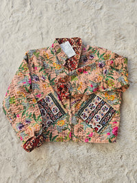 Cotton Kantha Fabric Bomber Jacket from Open Hearts Mend, designed to fit sizes 8 to 12. Each jacket is a unique expression of recycled fashion."