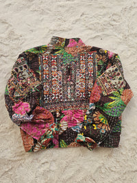 Cotton Kantha Fabric Bomber Jacket from Open Hearts Mend, designed to fit sizes 8 to 12. Each jacket is a unique expression of recycled fashion."