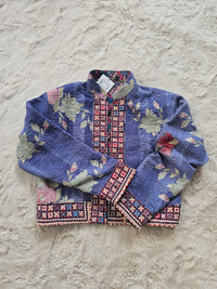 Cotton Kantha Fabric Bomber Jacket from Open Hearts Mend, designed to fit sizes 8 to 12. Each jacket is a unique expression of recycled fashion."