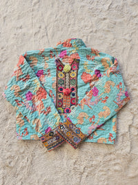 Cotton Kantha Fabric Bomber Jacket from Open Hearts Mend, designed to fit sizes 8 to 12. Each jacket is a unique expression of recycled fashion."