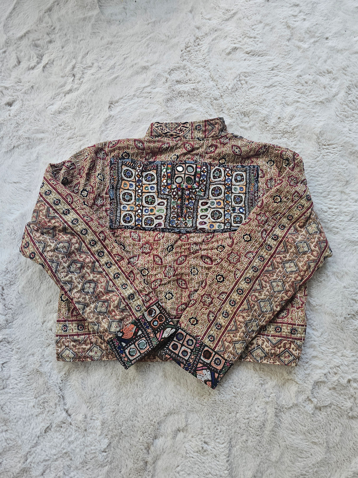 Cotton Kantha Fabric Bomber Jacket from Open Hearts Mend, designed to fit sizes 8 to 12. Each jacket is a unique expression of recycled fashion."