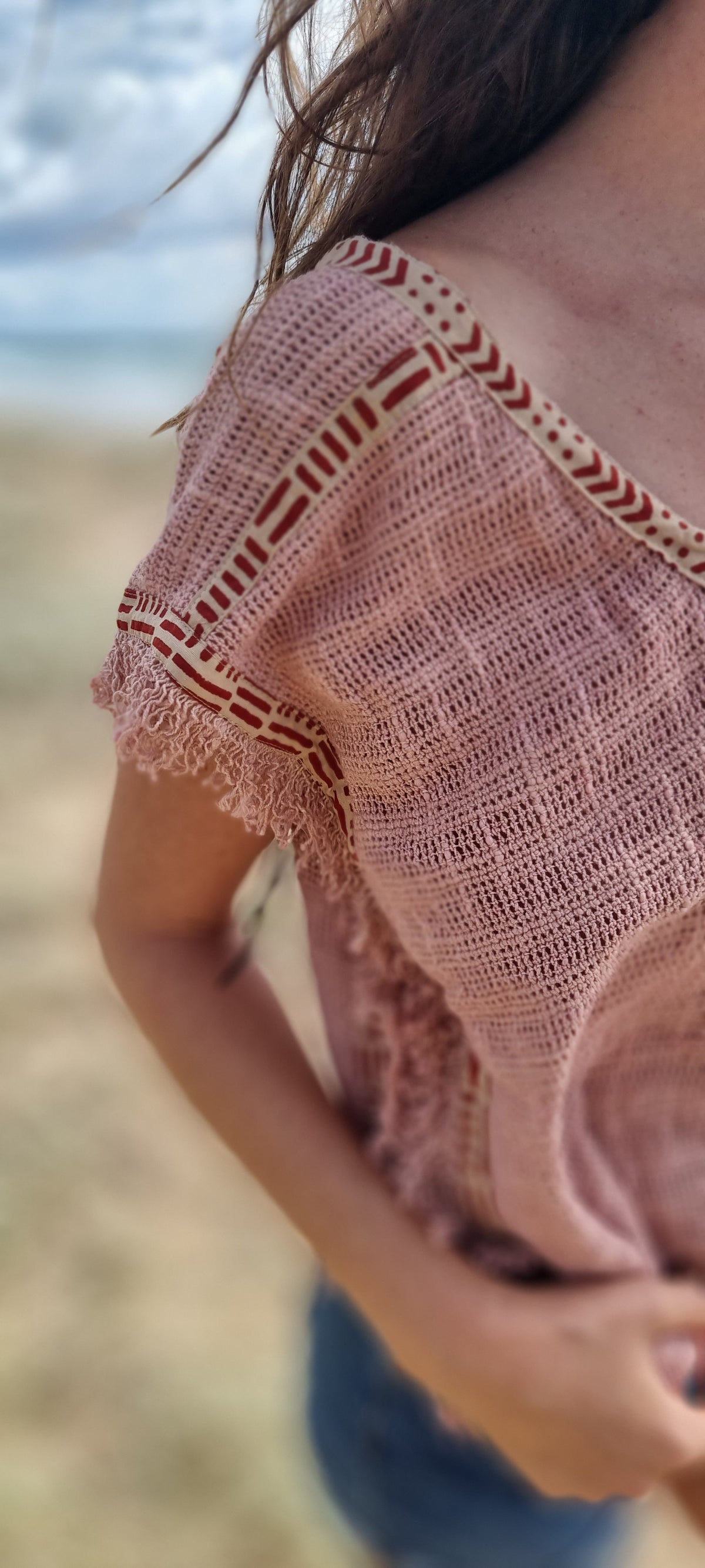 Hand-Dyed Cotton Fray Top from Open Hearts Mend, featuring block print finishing and designed to fit sizes 8 to 14. Can be worn back or front.